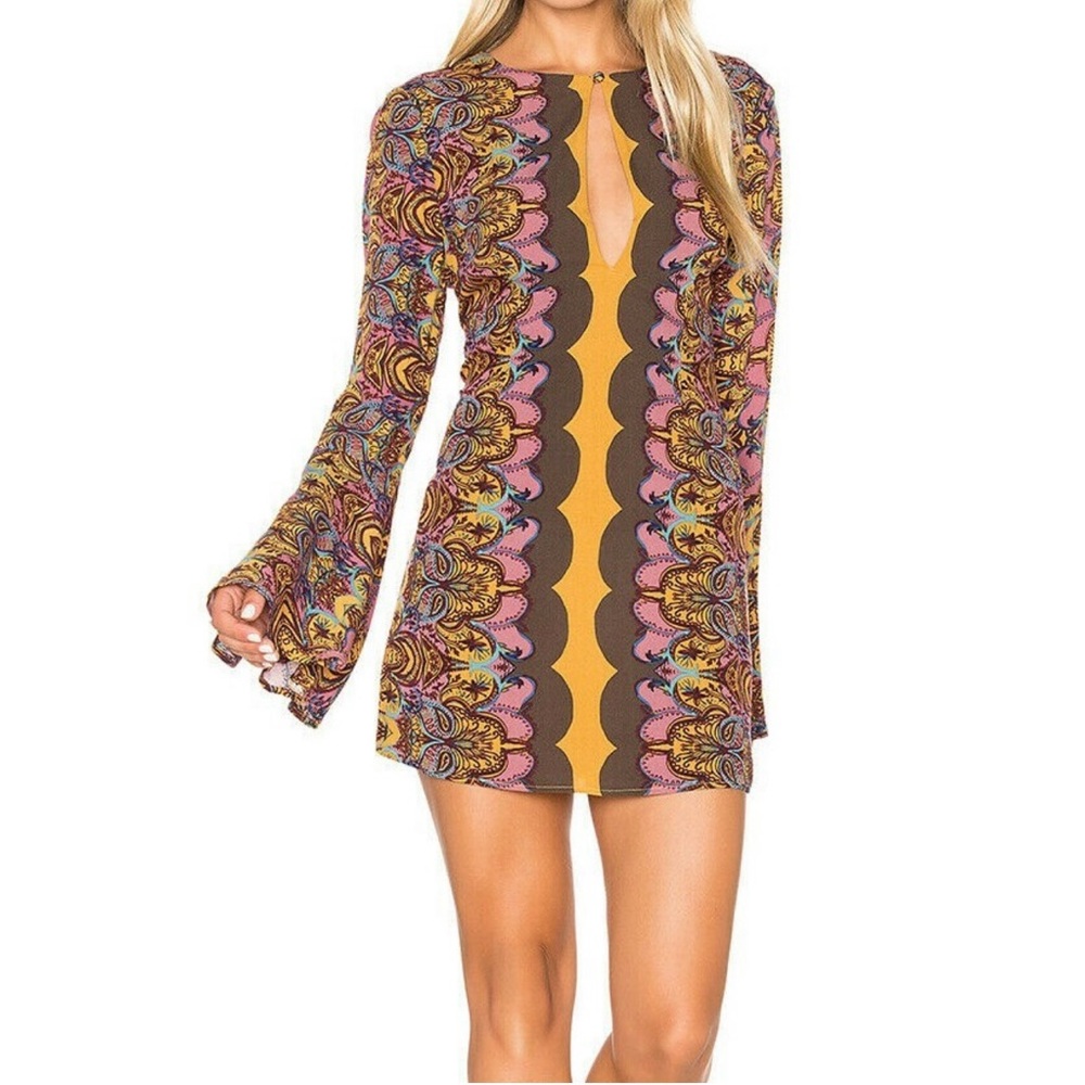 FREE PEOPLE Sz6 OSSIE VIBES BELL SLEEVES TUNIC DRESS GOLD MULTI